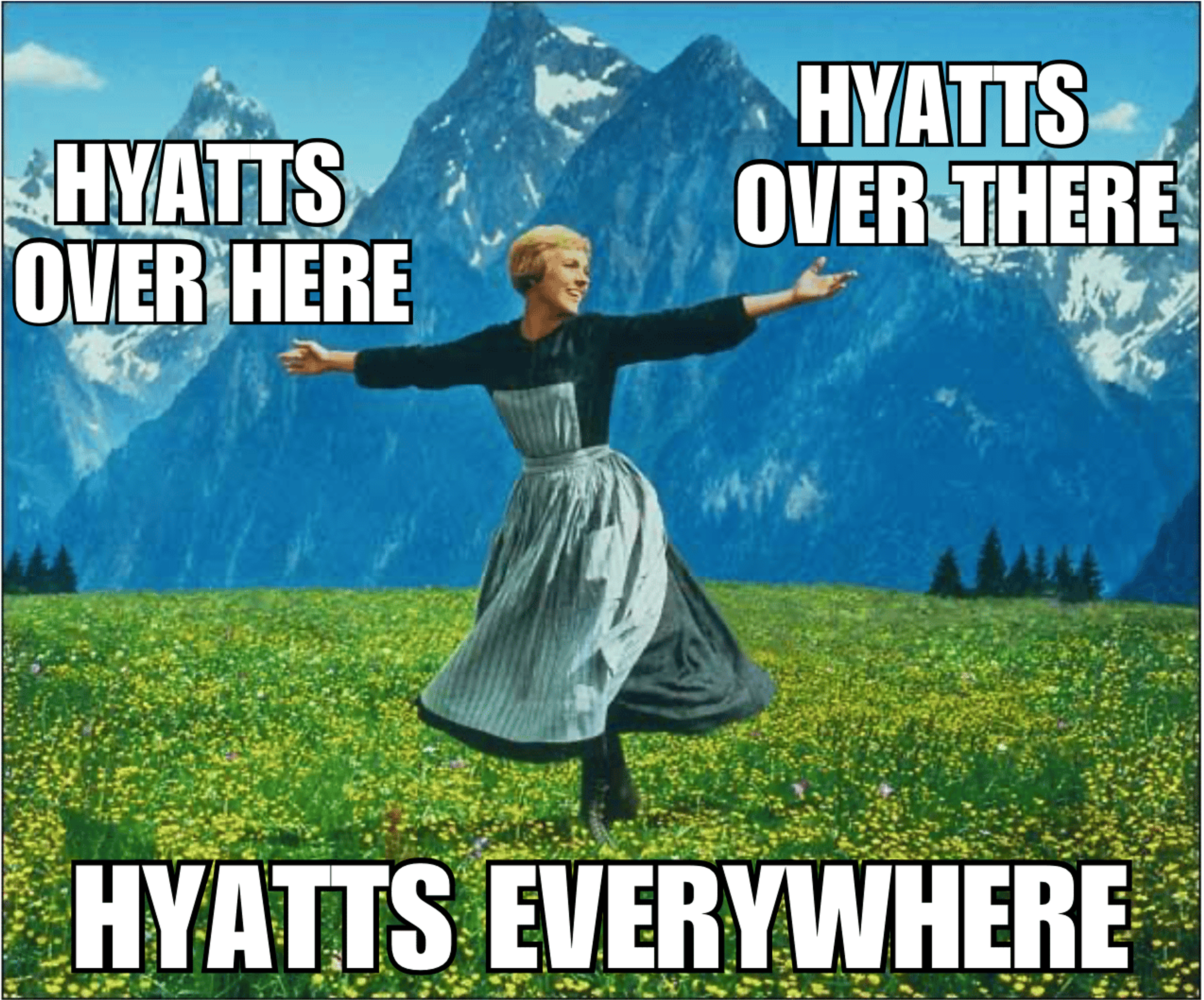 A meme with Julie Andrews in the Austrian hills