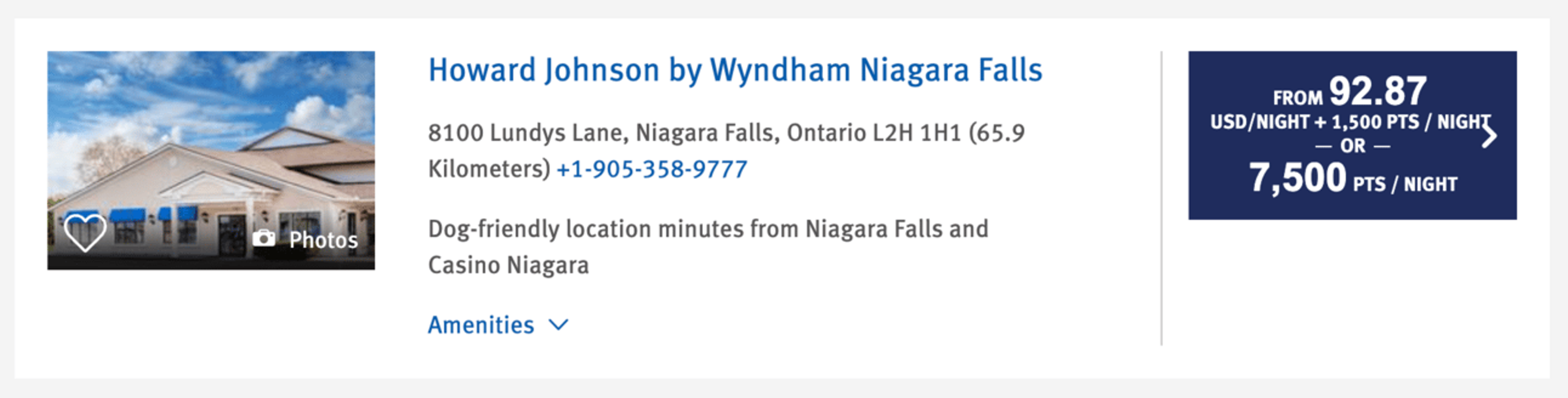 Wyndham hotel in Niagara Falls for 7,500 points per night