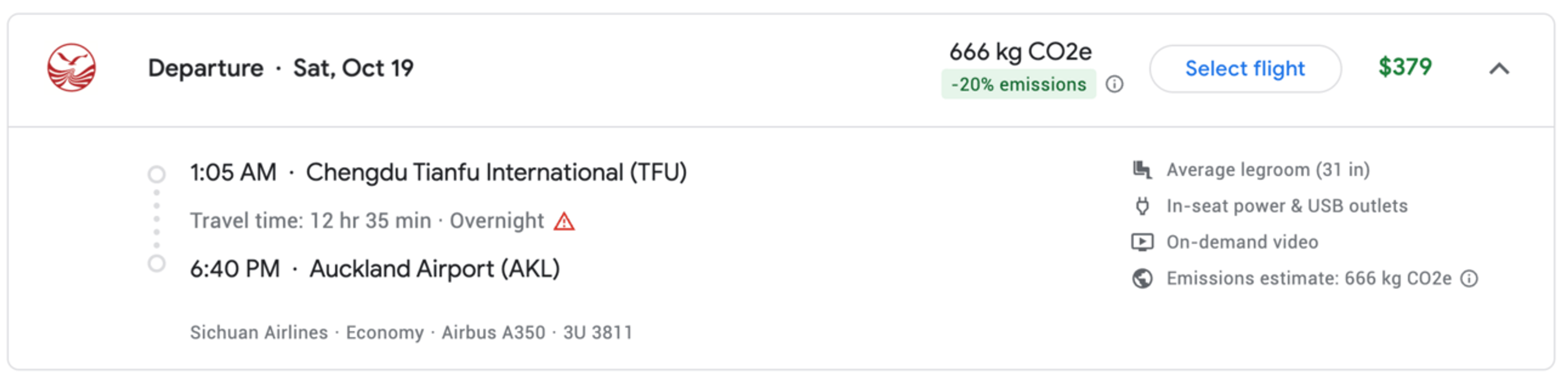 Same flight as before, showing a lower price thanks to changing the location