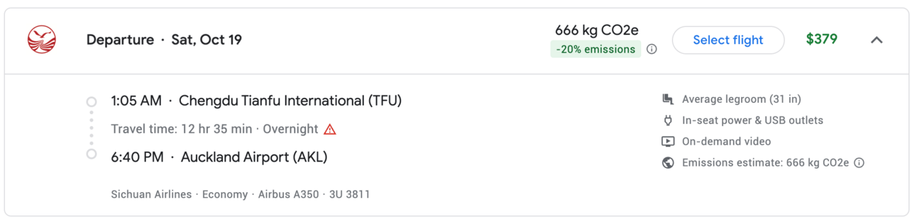 Same flight as before, showing a lower price thanks to changing the location