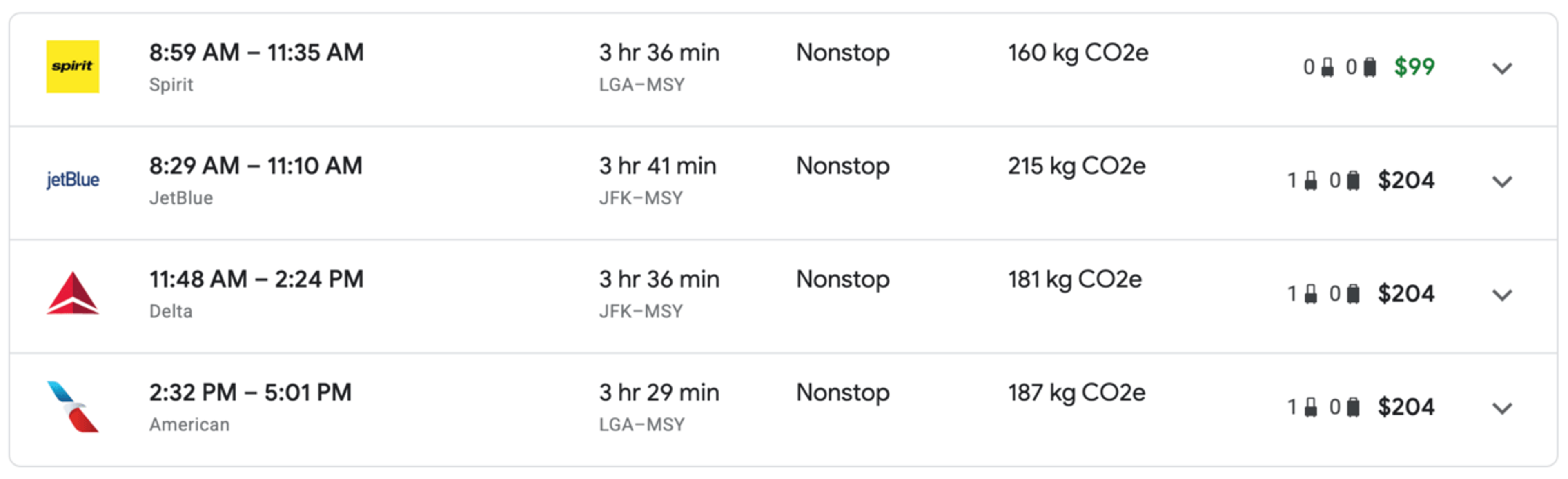 Various examples of flights from New York to New Orleans