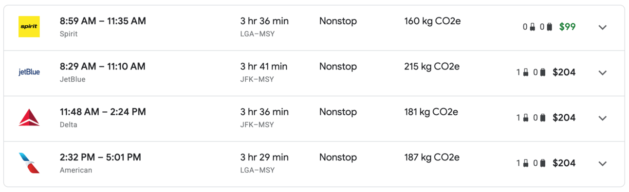 Various examples of flights from New York to New Orleans