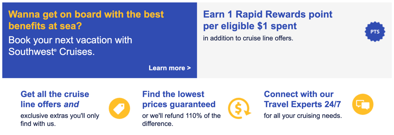 A graphic showing the various benefits of booking a cruise through Southwest