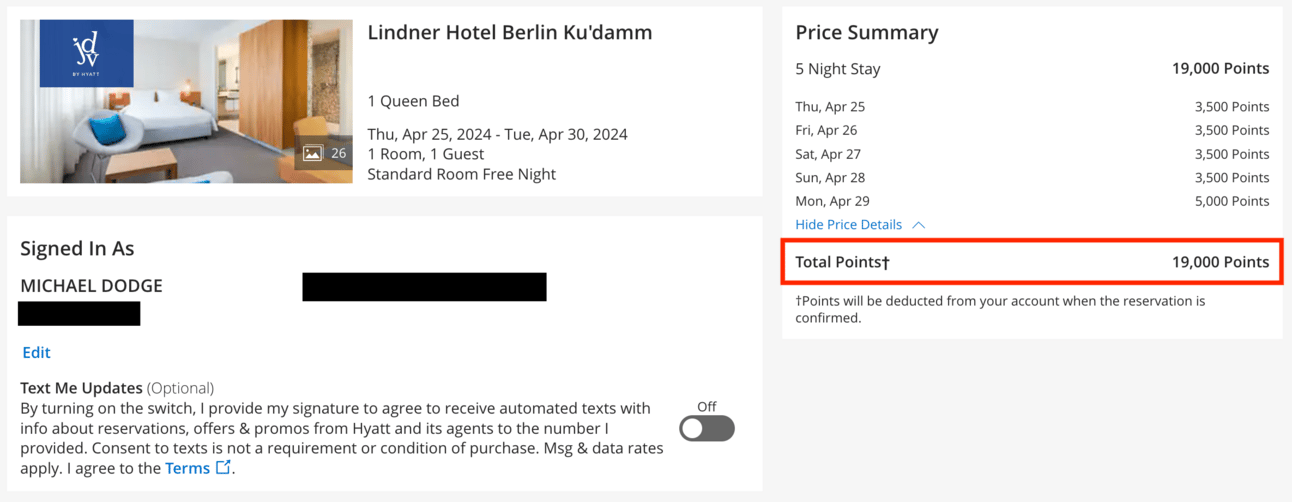 The same example os previously shown, but paying with points instead of cash
