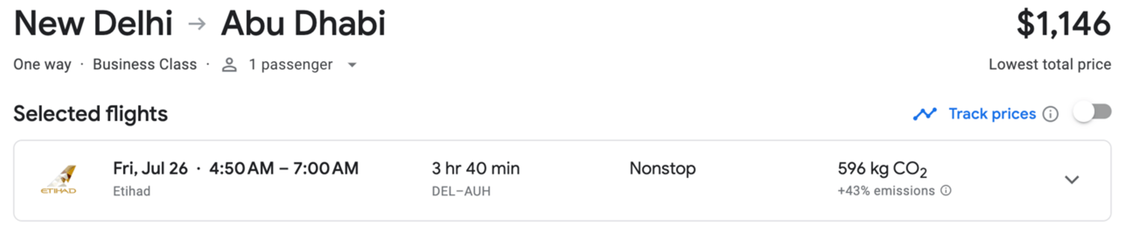 A screenshot f the same flight as the earlier image, but with a cash cost of over $1,000