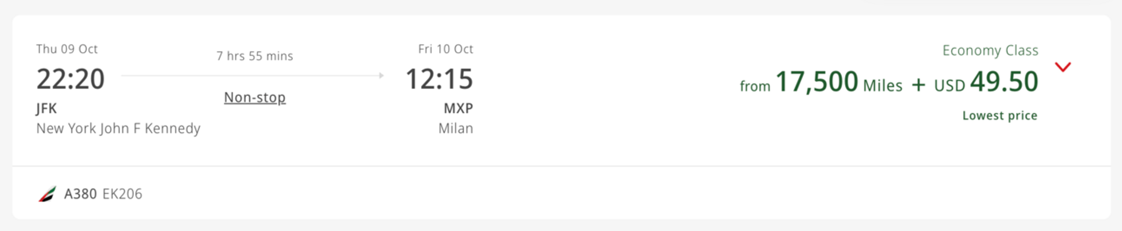 JFK to MXP for 17,500 Emirates miles