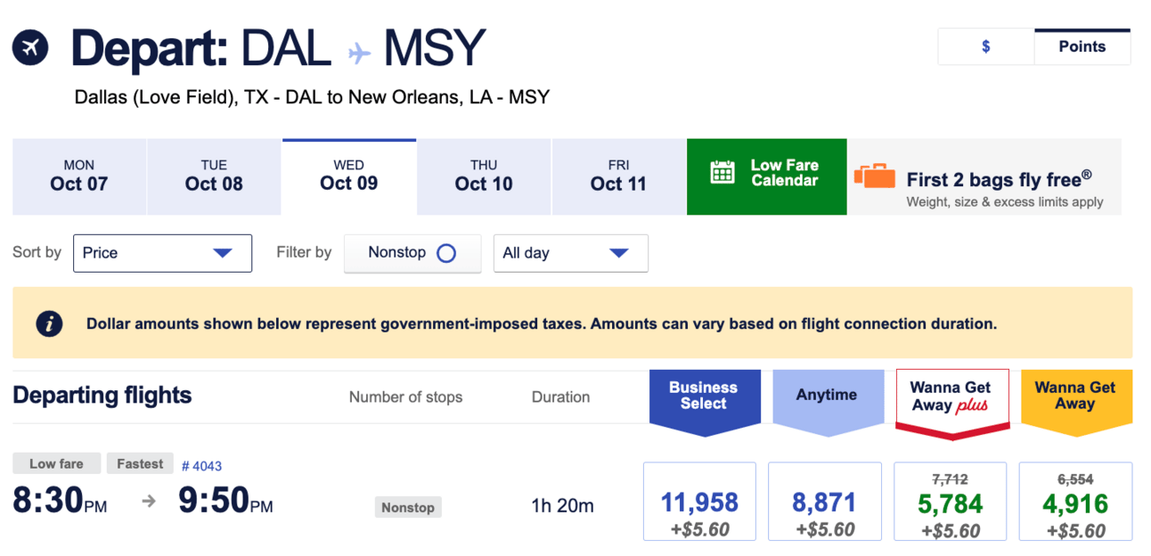 DAL-MSY for 5k Southwest points