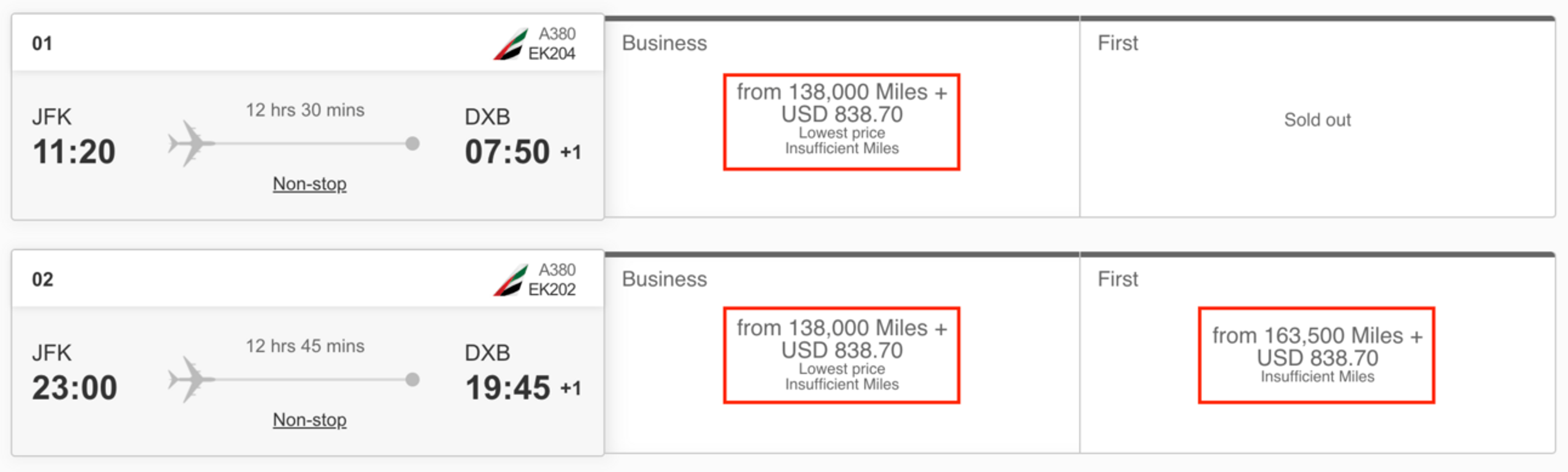 an example of an emirates award flight (in first and business) from New York to Dubai