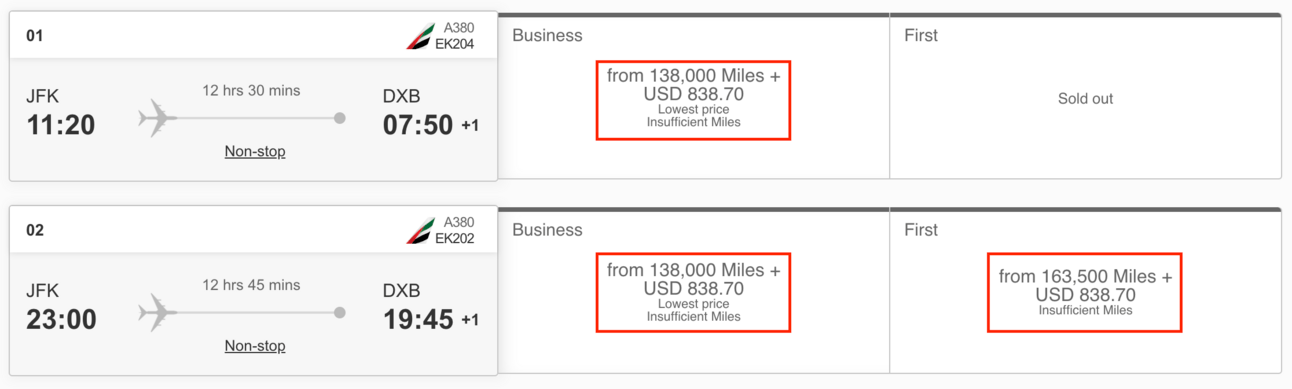 an example of an emirates award flight (in first and business) from New York to Dubai