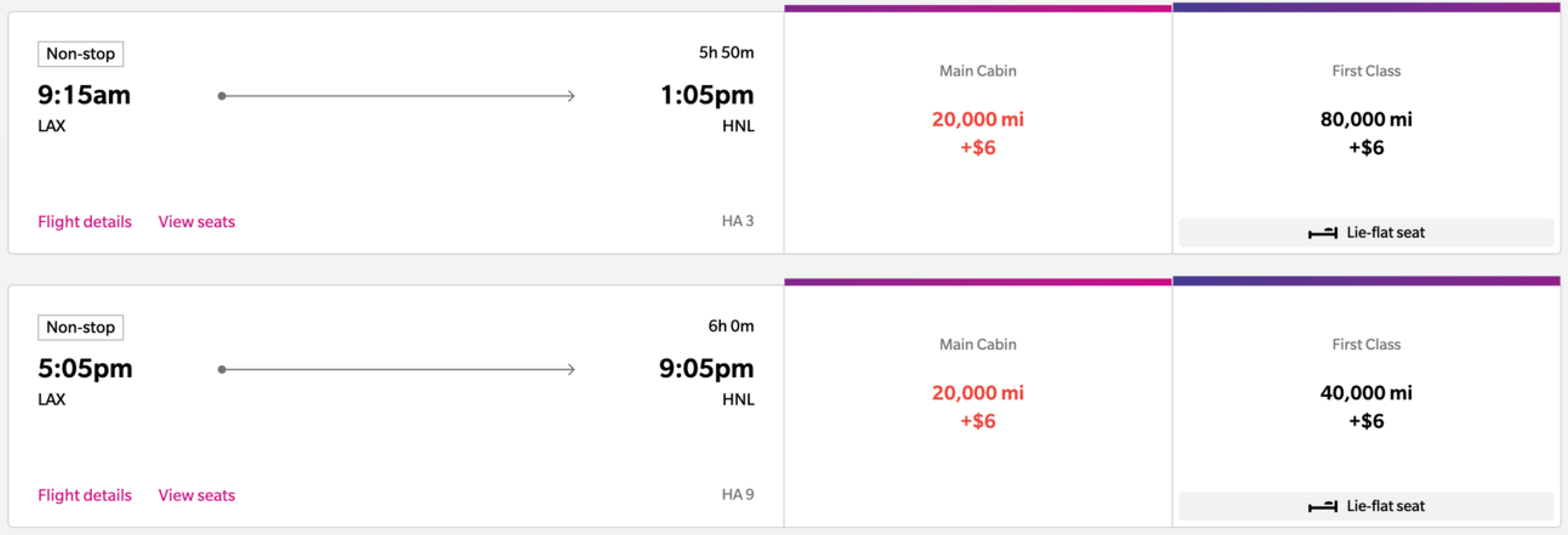 Screenshot of a booking from LAX to Honolulu on Hawaiian airlines