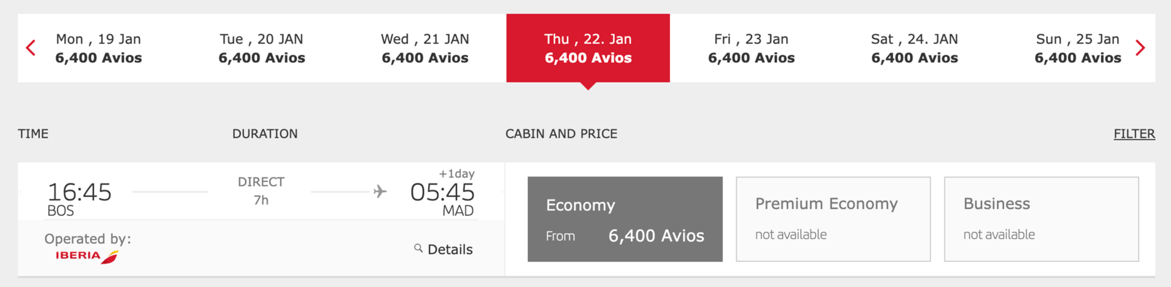 Iberia Award sale for 6,400 Avios (boston to Madrid)