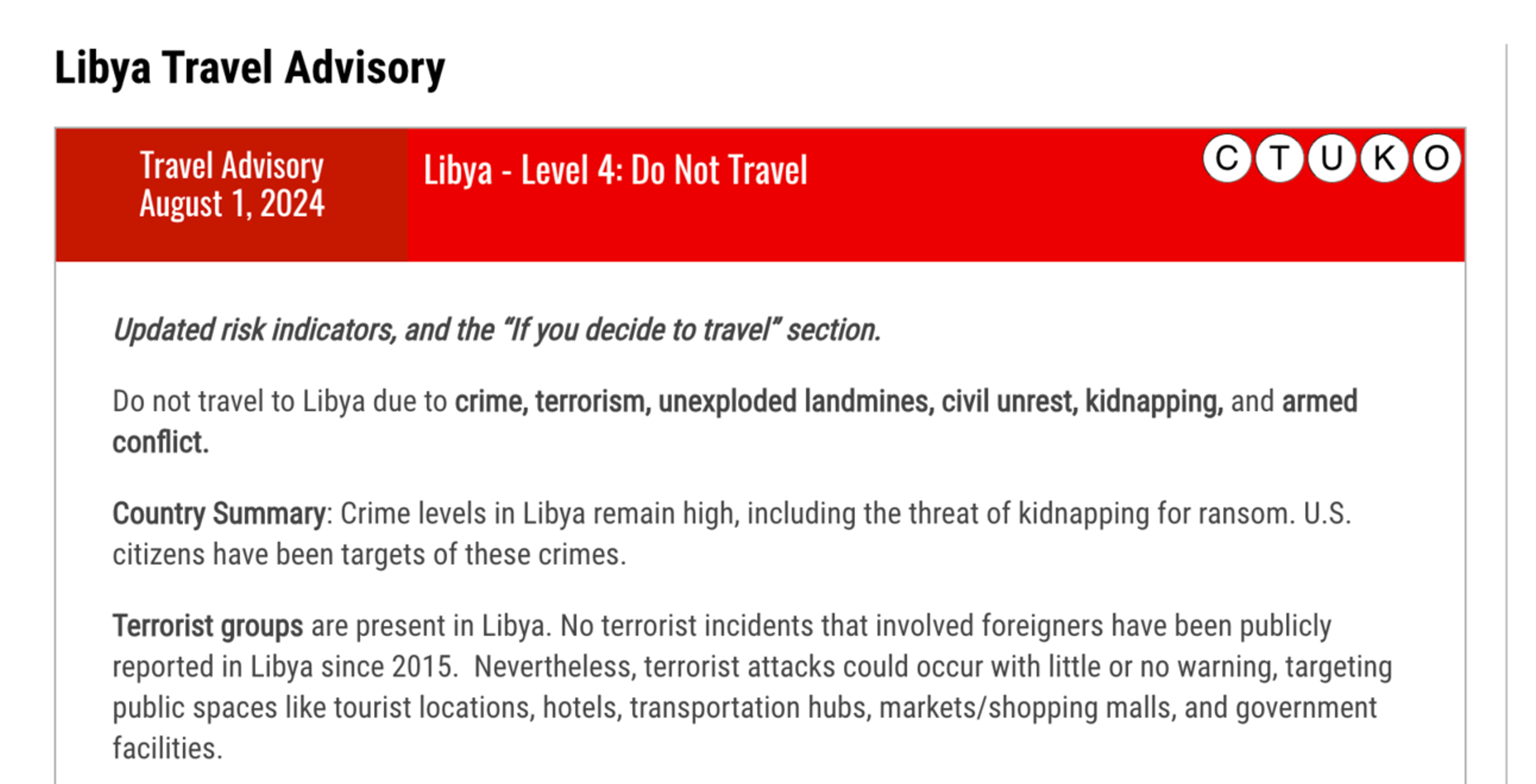 U.S. travel advisory for Libya