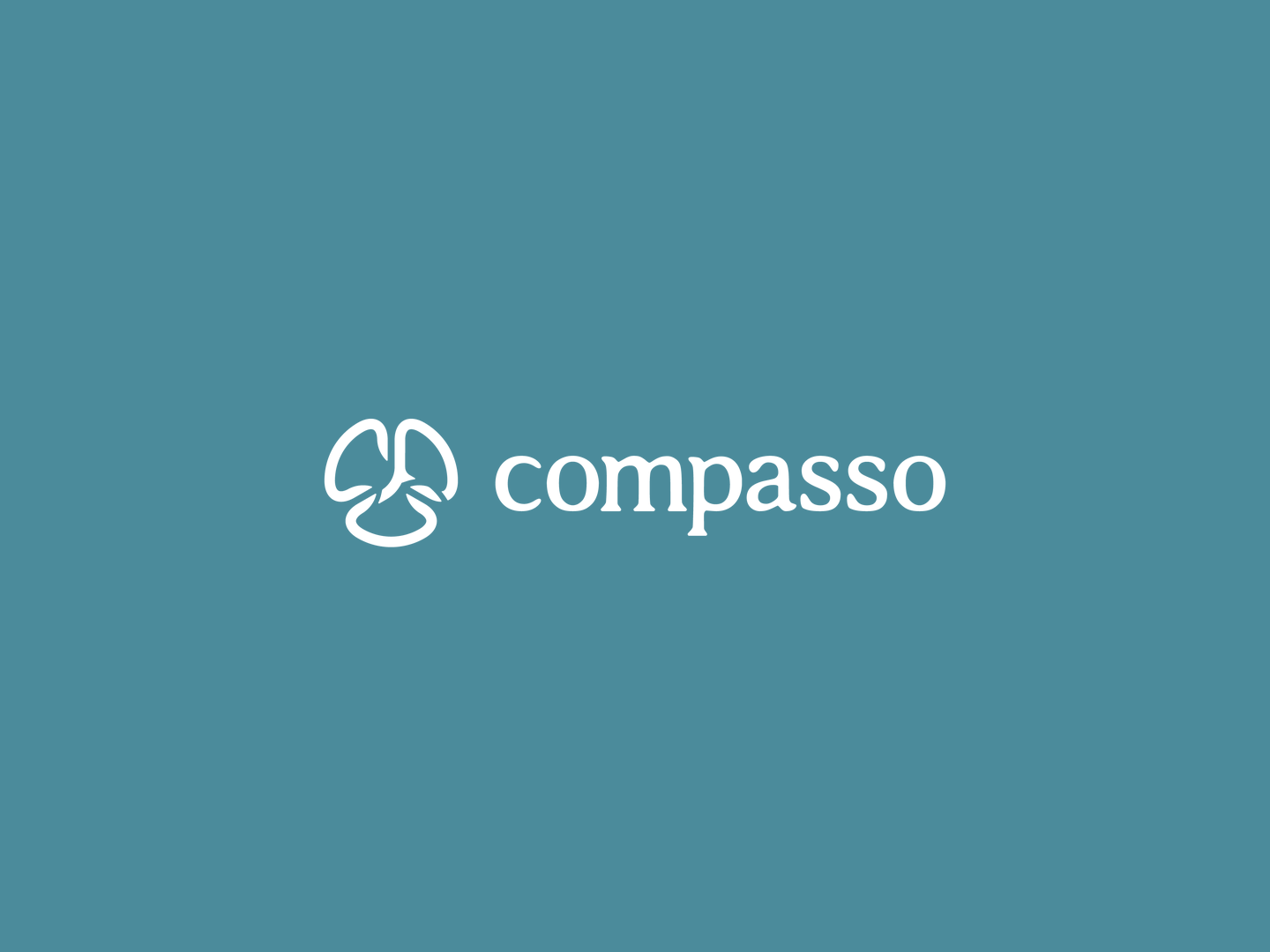 Compasso 白色橫式標誌置於品牌藍綠底