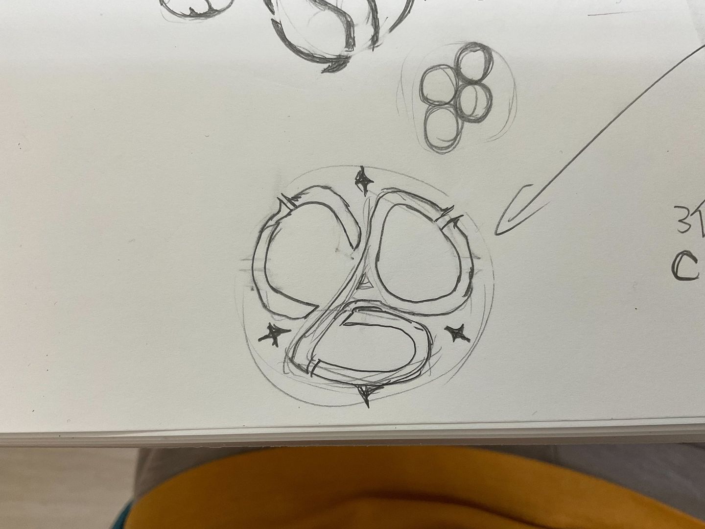 紙上鉛筆手繪草稿:三瓣符號的推導,旁邊註記字母 C