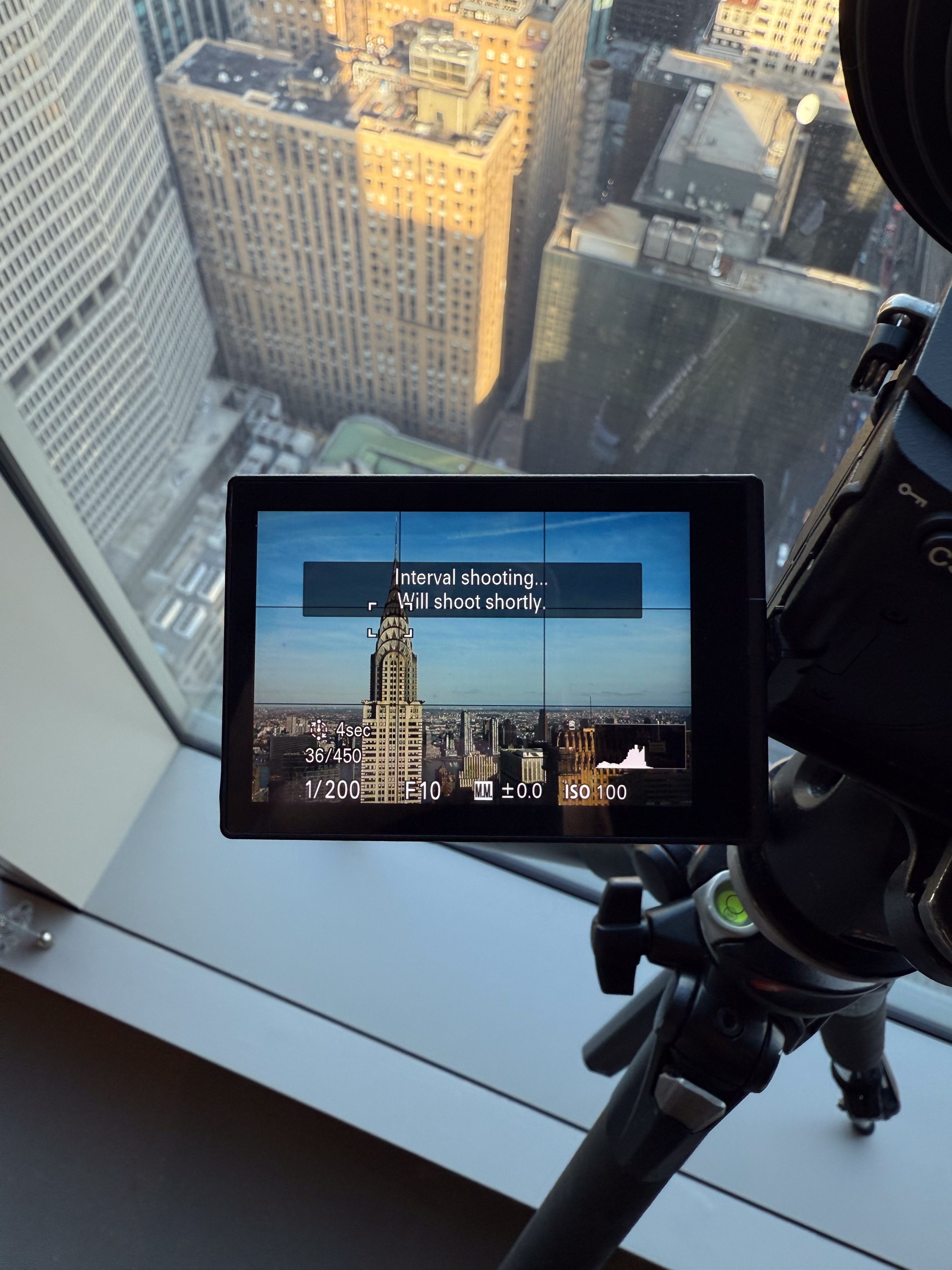 Camera monitor framing the Midtown skyline for a time-lapse
