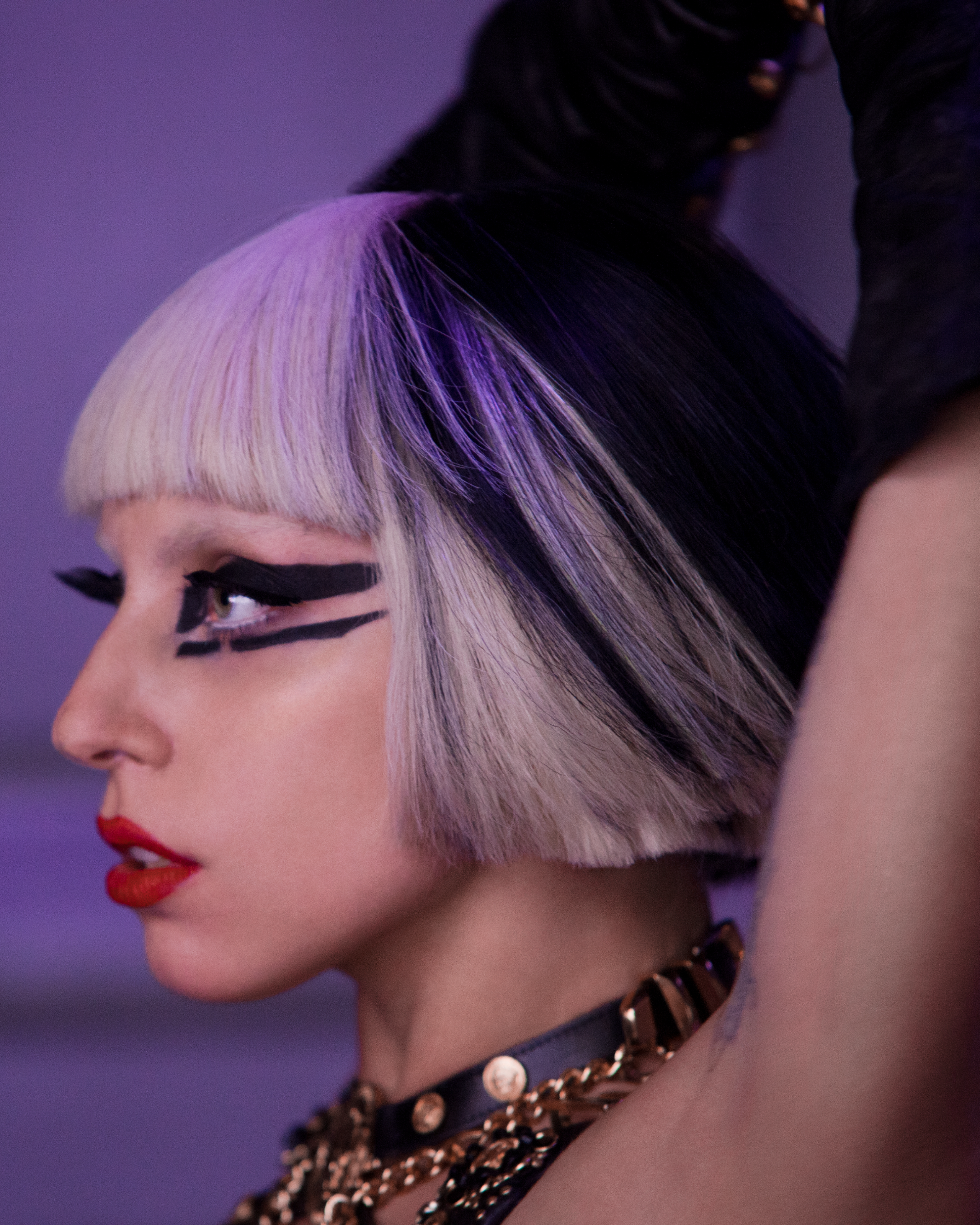 Side profile of Lady Gaga with graphic makeup