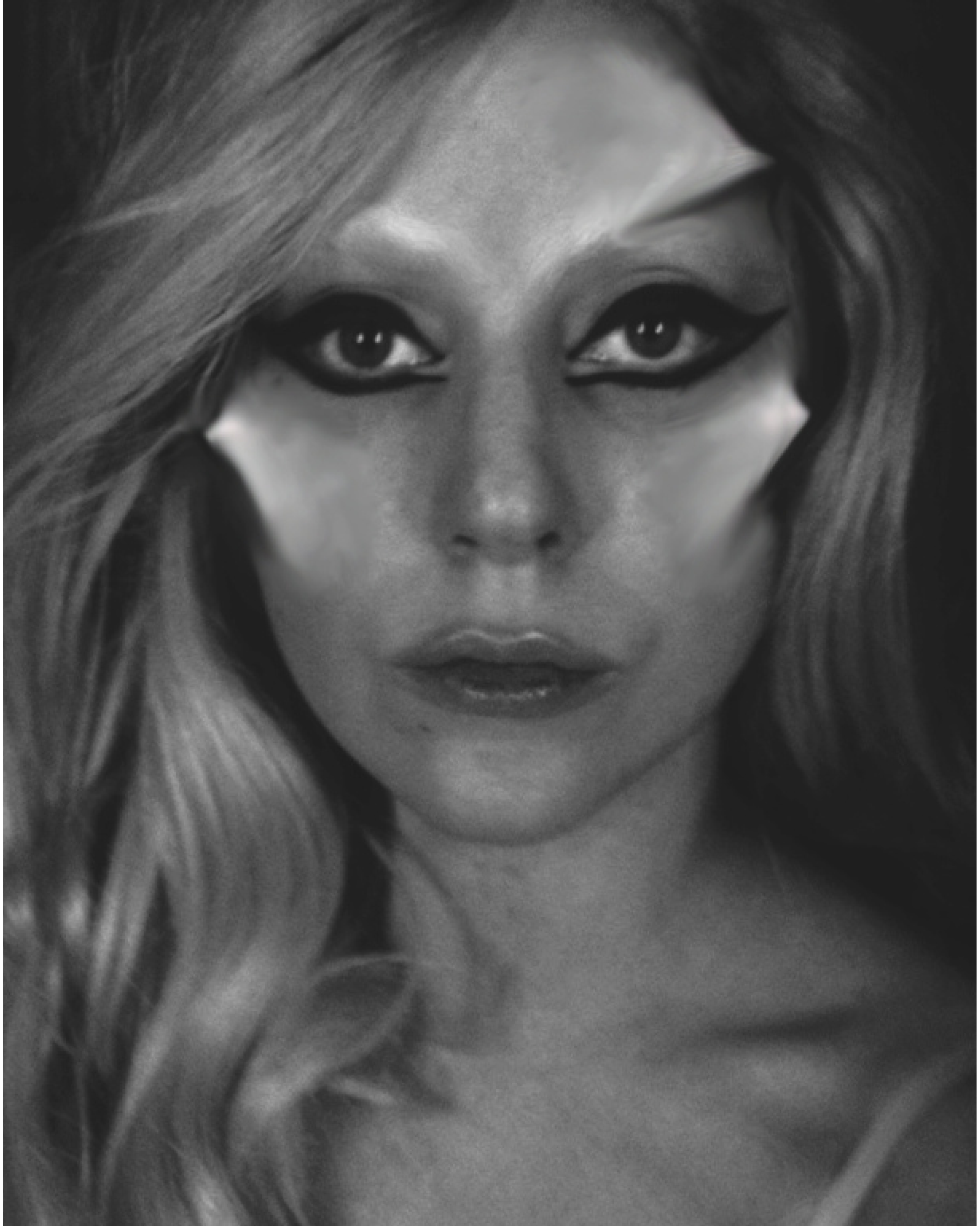 Black and white image close up of Lady Gaga wearing facial prosthetics