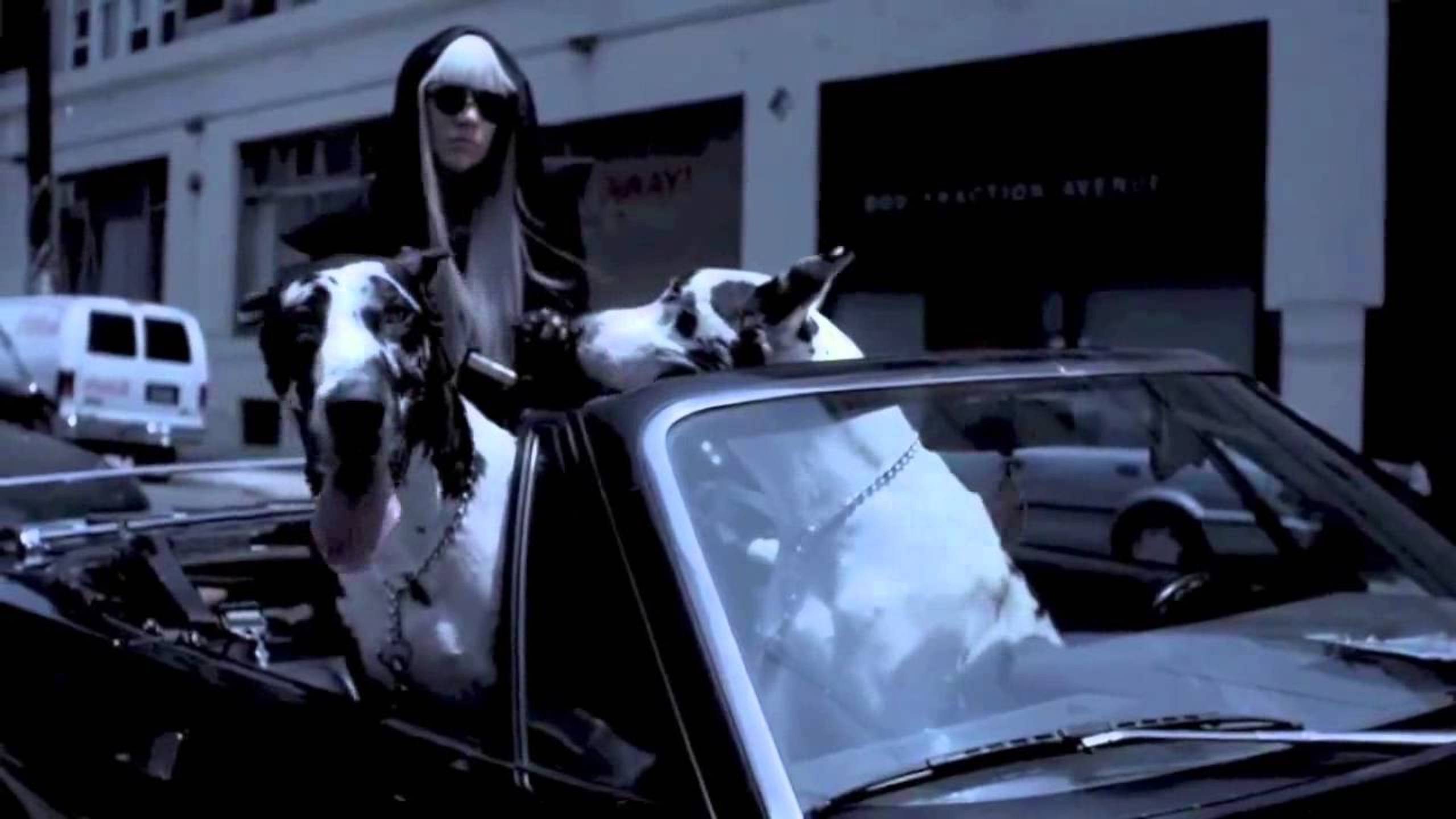 Lady Gaga wearing a hood  riding in a black convertible with two large dogs