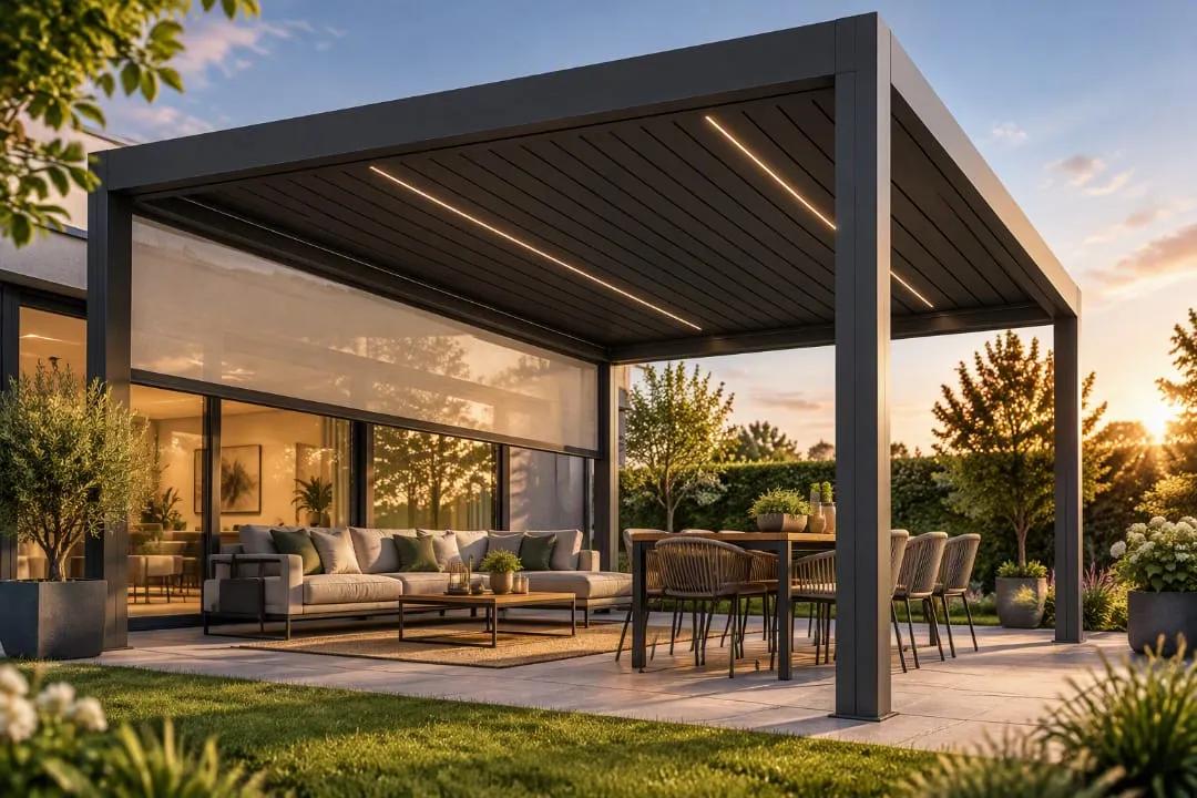 Pergola in Anthrazit mit Lamellendach, Senkrechtmarkise und Lichtbändern über einer Sitzgruppe am Haus