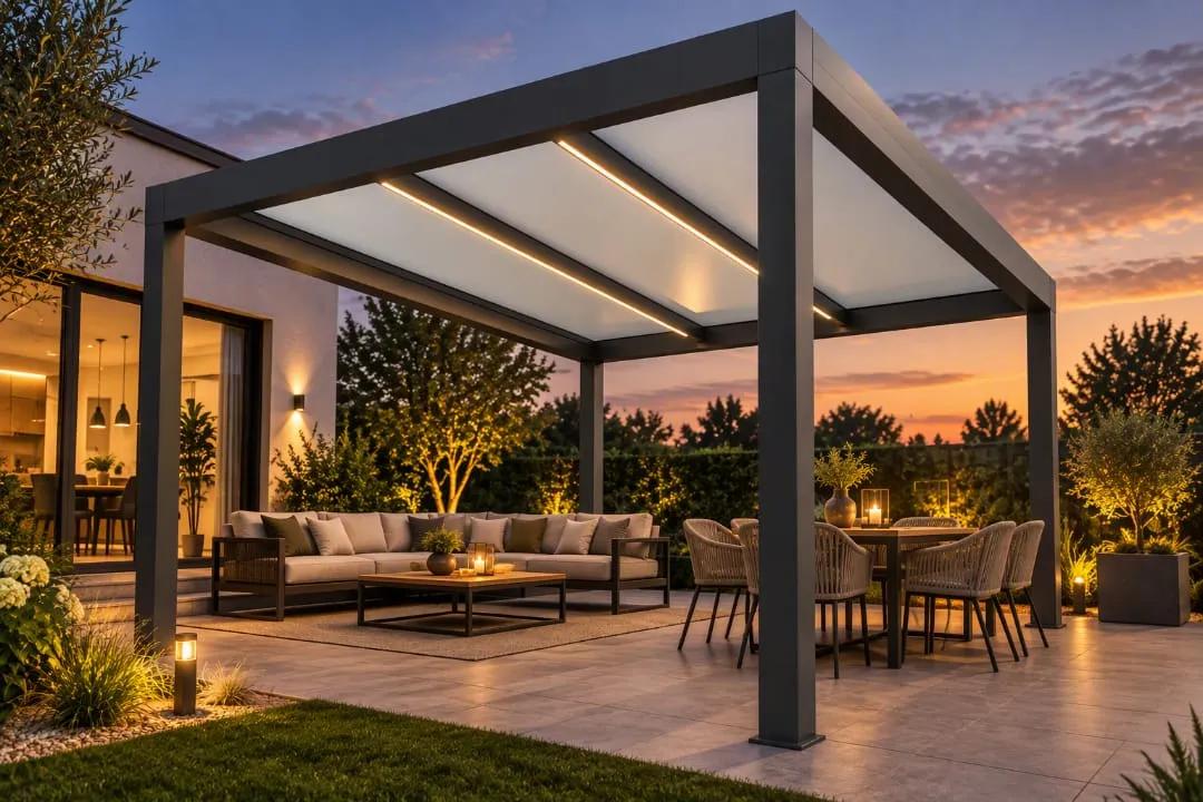 Cube mit opalem Glasdach an einem Haus, Lichtbänder unter dem Dach, Sofa und Esstisch auf der Terrasse