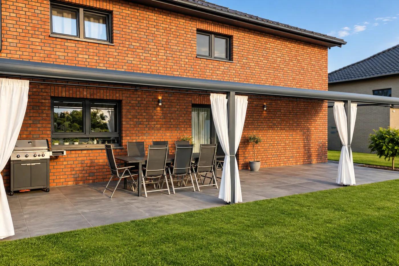 Lange Terrassenüberdachung in Anthrazit an einem Klinkerhaus, darunter ein Esstisch, weiße Vorhänge an den Pfosten