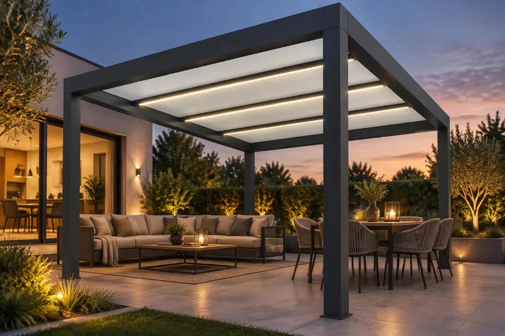 Cube mit opalem Glasdach und Lichtbändern neben einem Haus, darunter Sofa und Esstisch am Abend