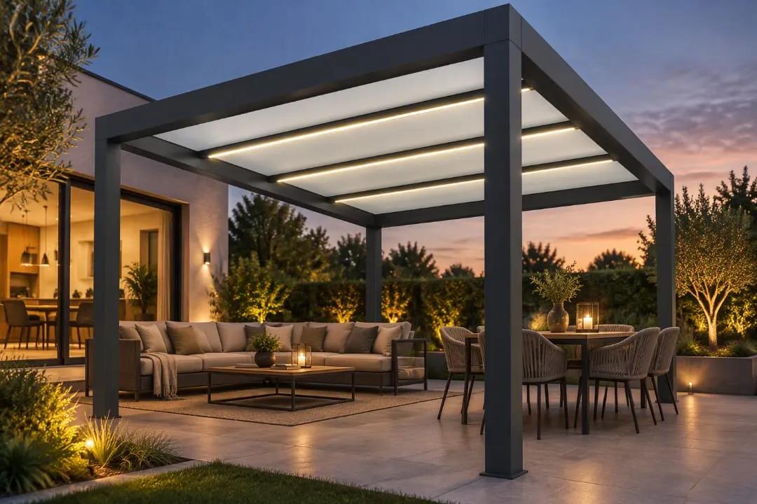 Cube mit opalem Glasdach und Lichtbändern neben einem Haus, darunter Sofa und Esstisch am Abend