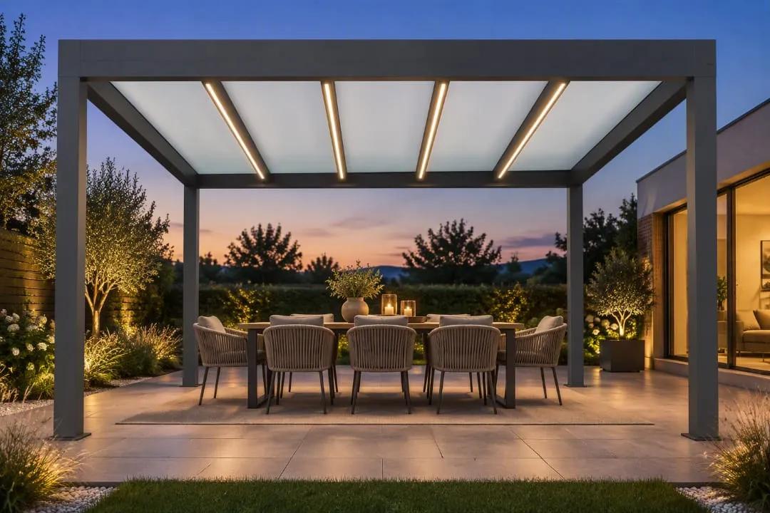 Cube mit opalem Glasdach von vorn, darunter ein Esstisch, im Hintergrund Garten und Abendhimmel