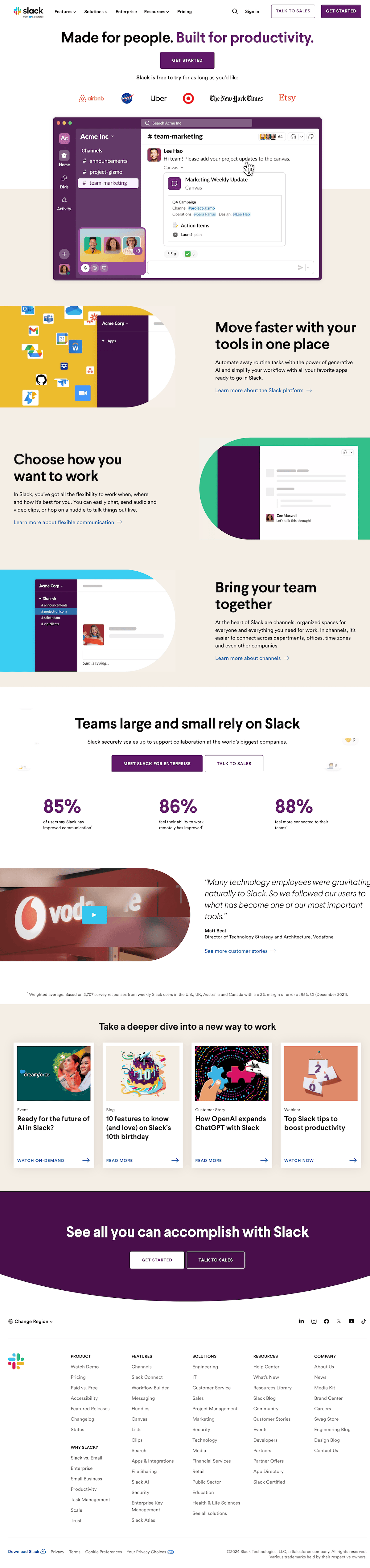 Slack homepage screenshot using Pika API