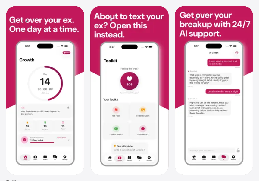 Growth App Store 宣传图，展示分手后的不联系记录、紧急流程和安全草稿
