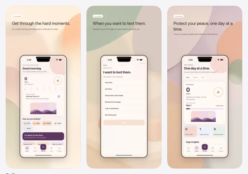 Choose Me App Store 宣传图，展示分手后的救急模式、不联系天数和每日检查