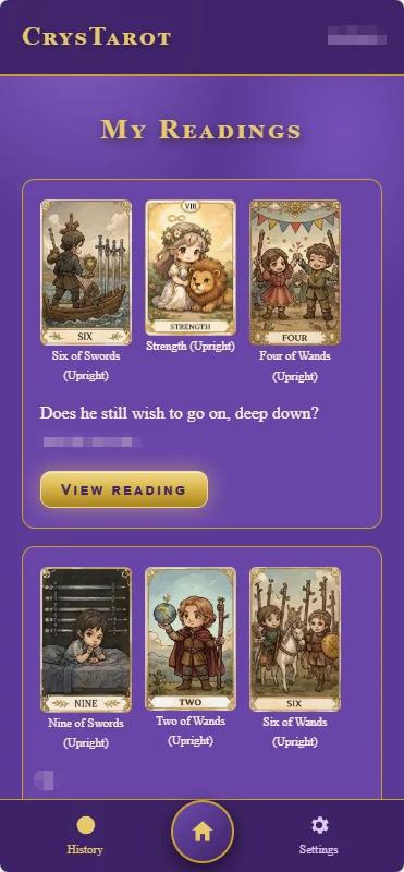 CrysTarot official account screenshot showing saved three-card AI tarot readings