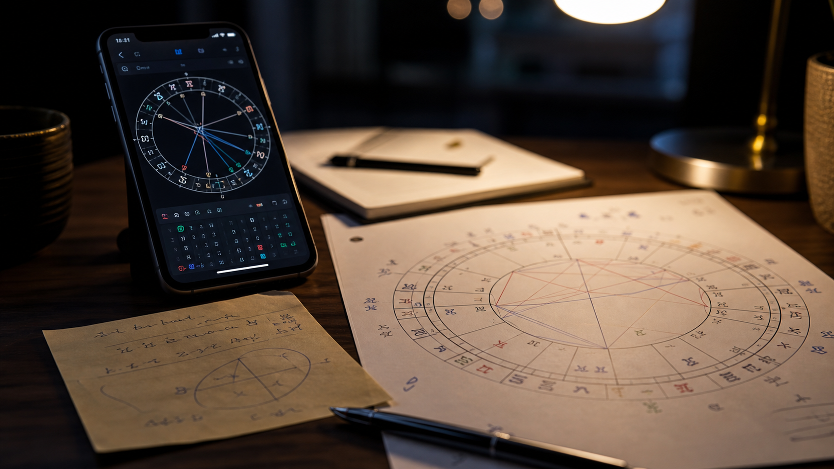 A desk with a phone chart, a printed birth chart, and handwritten birth data, suggesting that time and place can change the chart