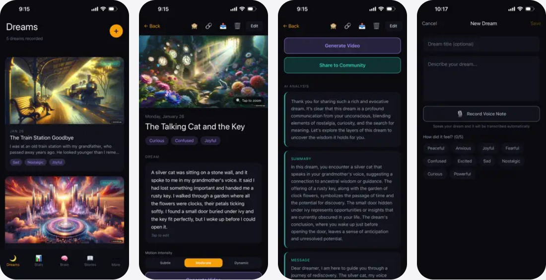 Dreamvibe App Store promotional screenshots showing dream records, AI analysis, and voice capture