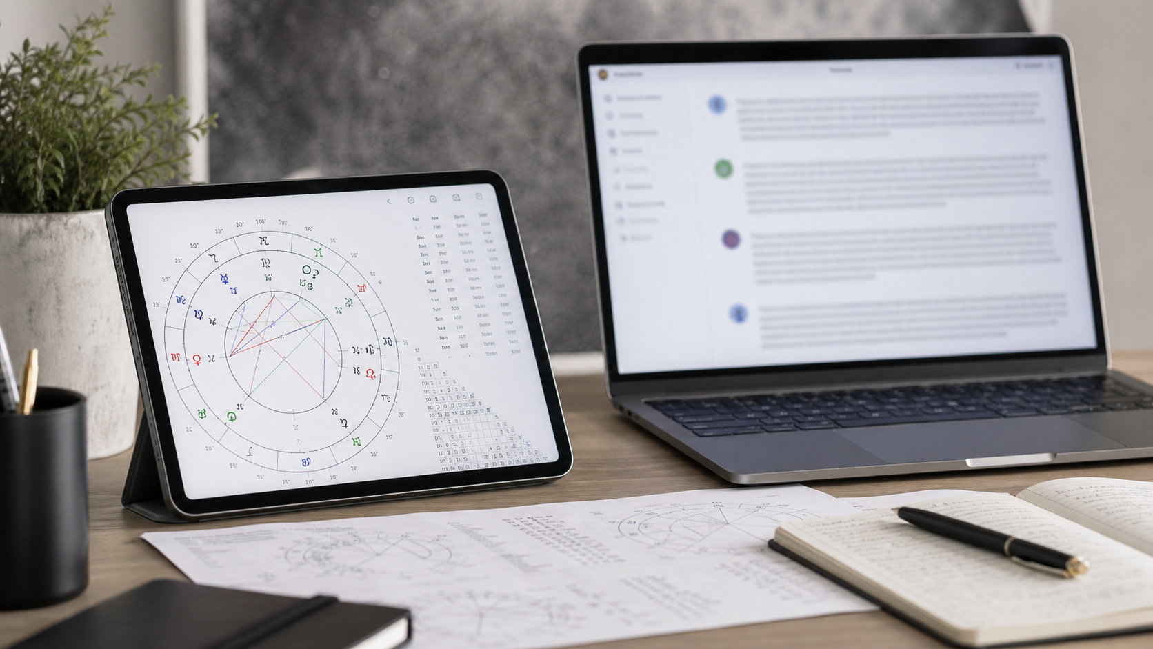 A tablet showing chart calculation beside a laptop with blurred AI text, showing the gap between calculation and interpretation