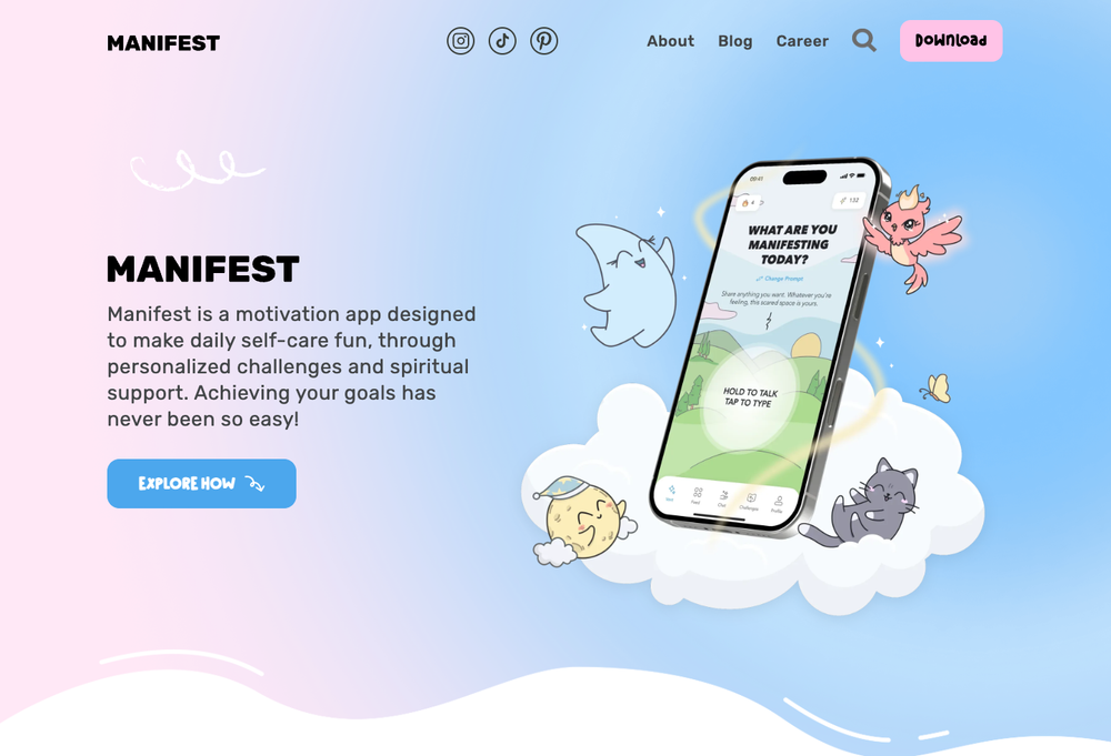 Manifest official page showing self-care, personalized challenges, and a chat-style practice screen