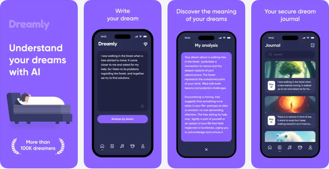 Dreamly App Store promotional screenshots showing dream input, AI interpretation, and dream journal screens