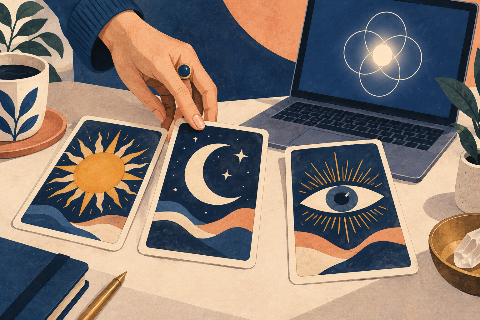 AI-generated editorial illustration of a hand arranging tarot cards beside a laptop