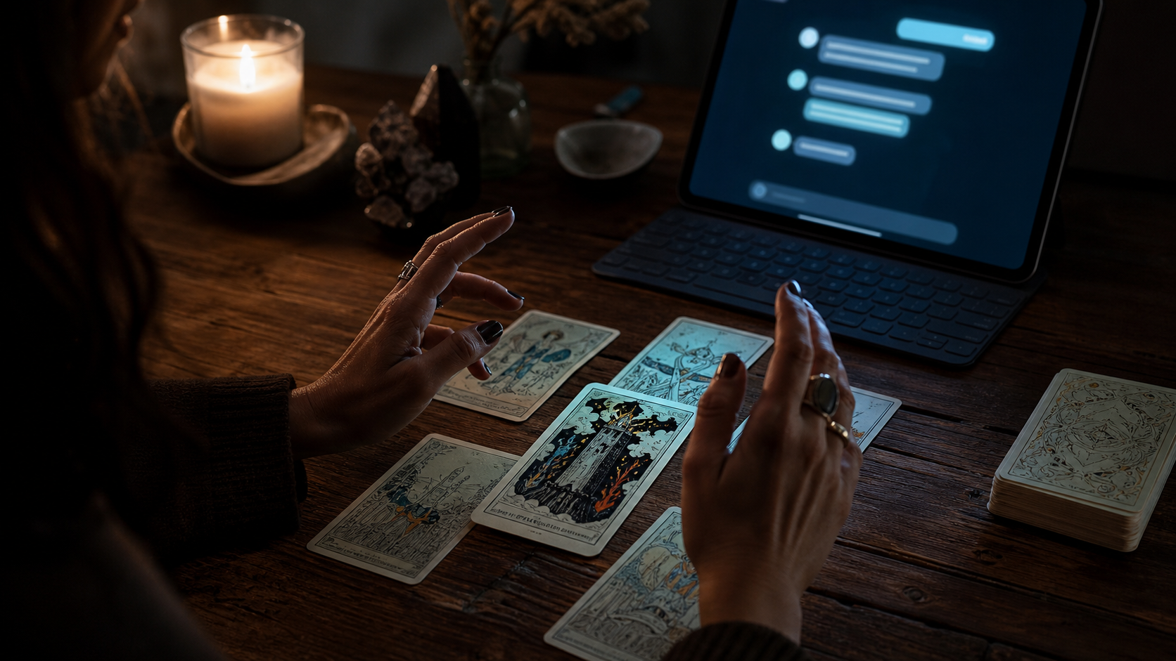 Tarot cards, a candle, and a tablet with abstract chat bubbles on a wooden table