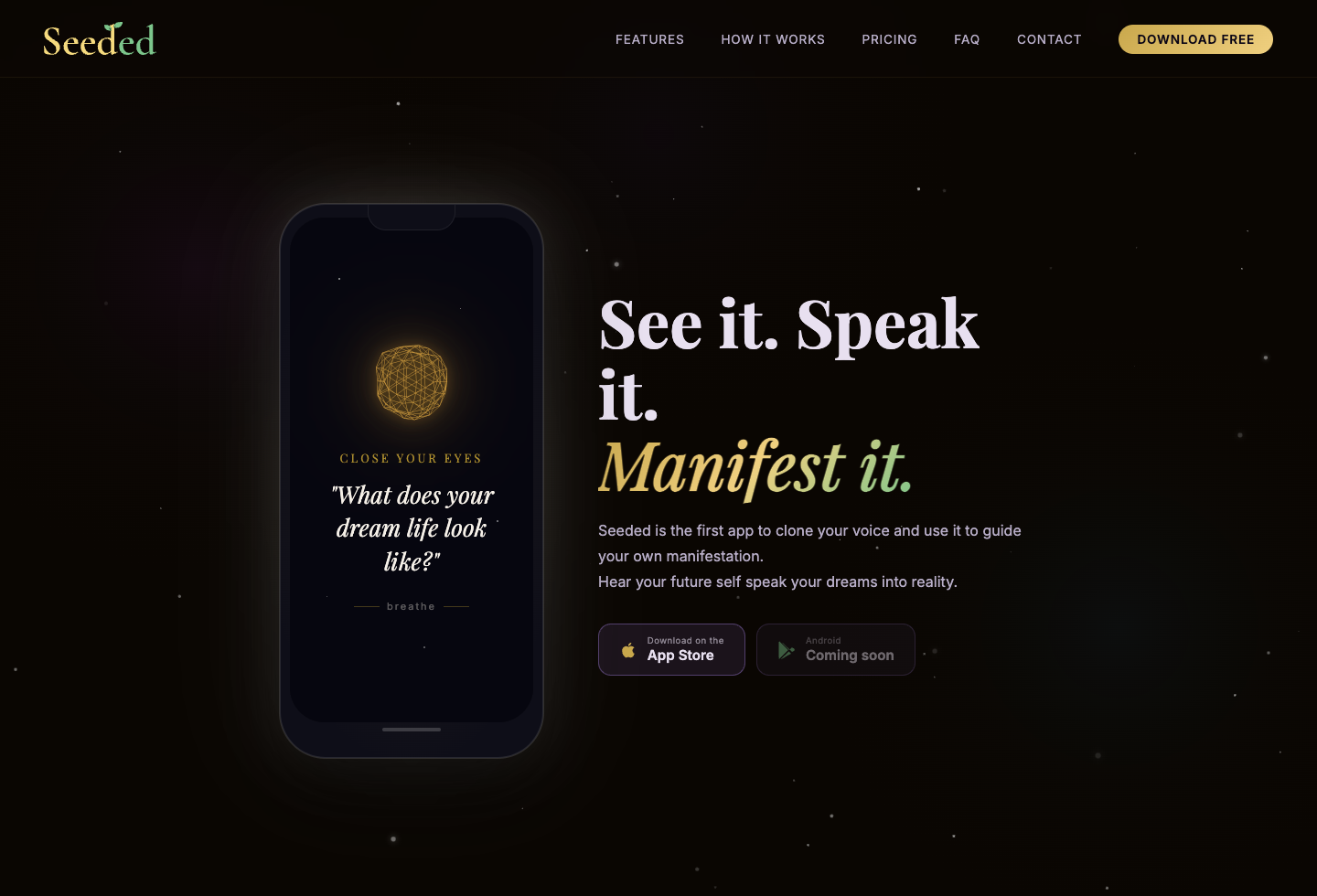 Seeded official site showing voice-first manifestation and future-self narration