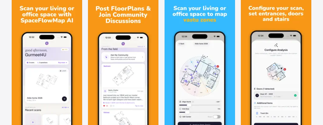 SpaceFlowMap 的产品截图，展示激光雷达扫描、户型上传和 Vastu 分区功能