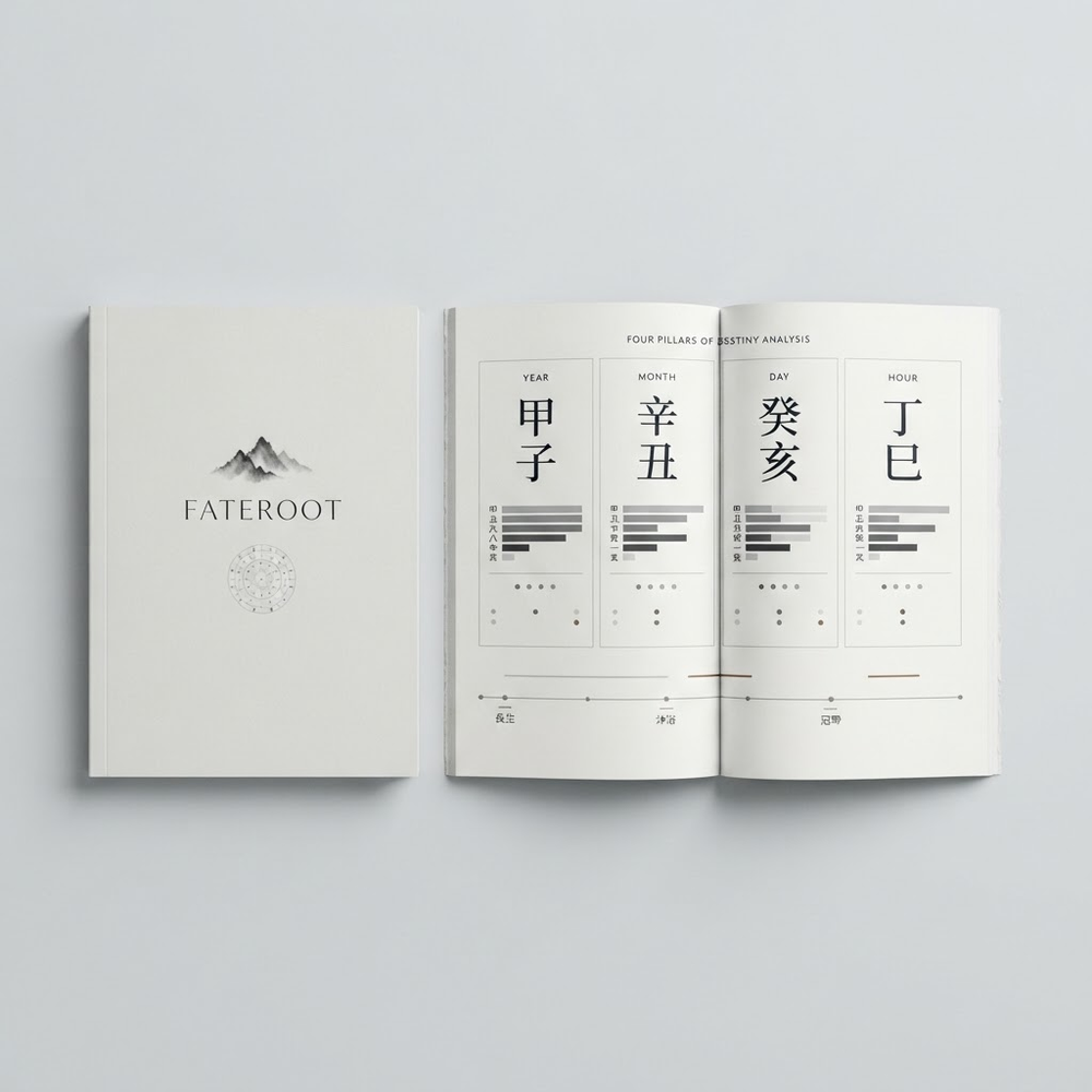 FateRoot official report preview with a Four Pillars chart and Five Elements graphics