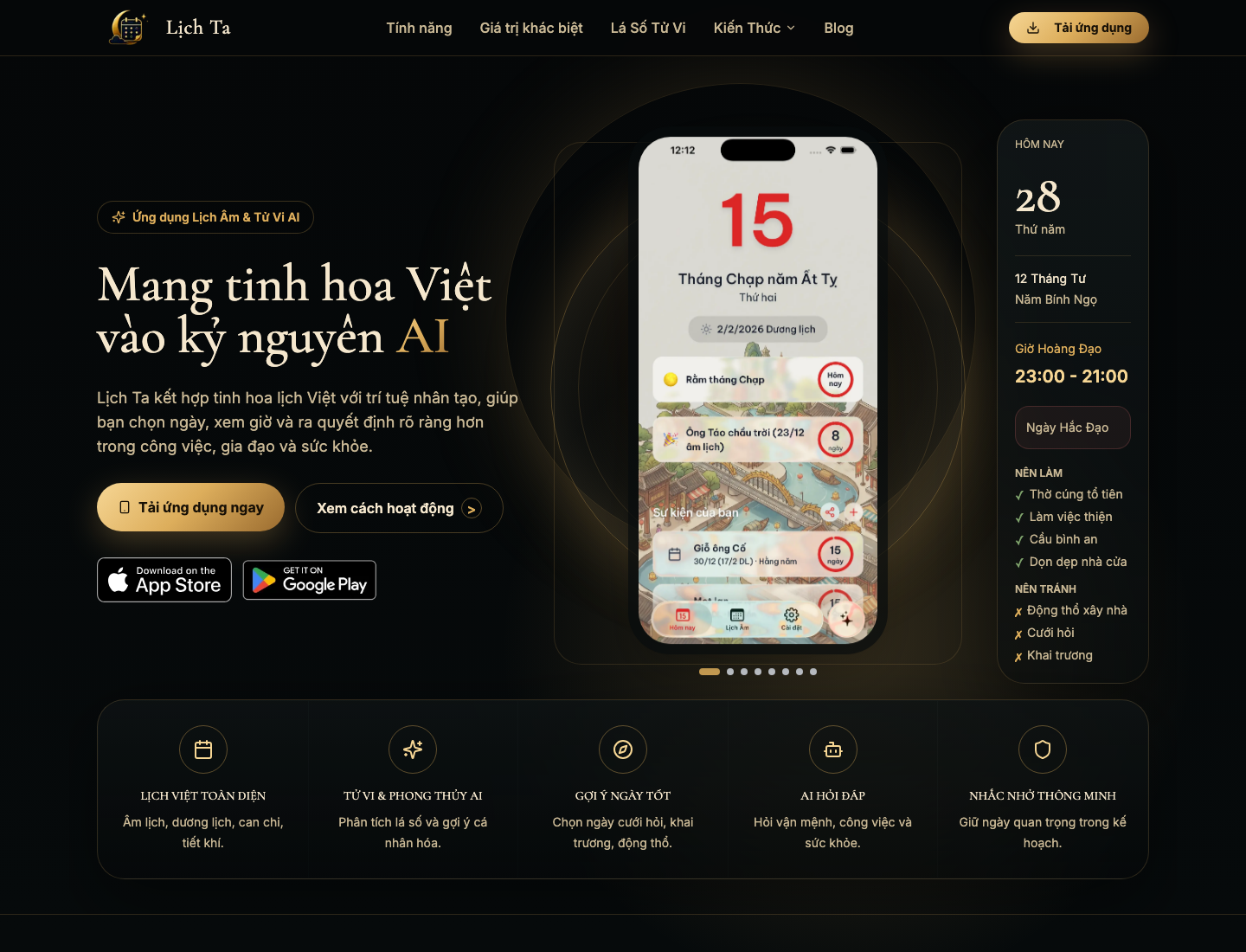 Lịch Ta website screenshot showing lunar calendar, Tử Vi AI, and Chat AI features
