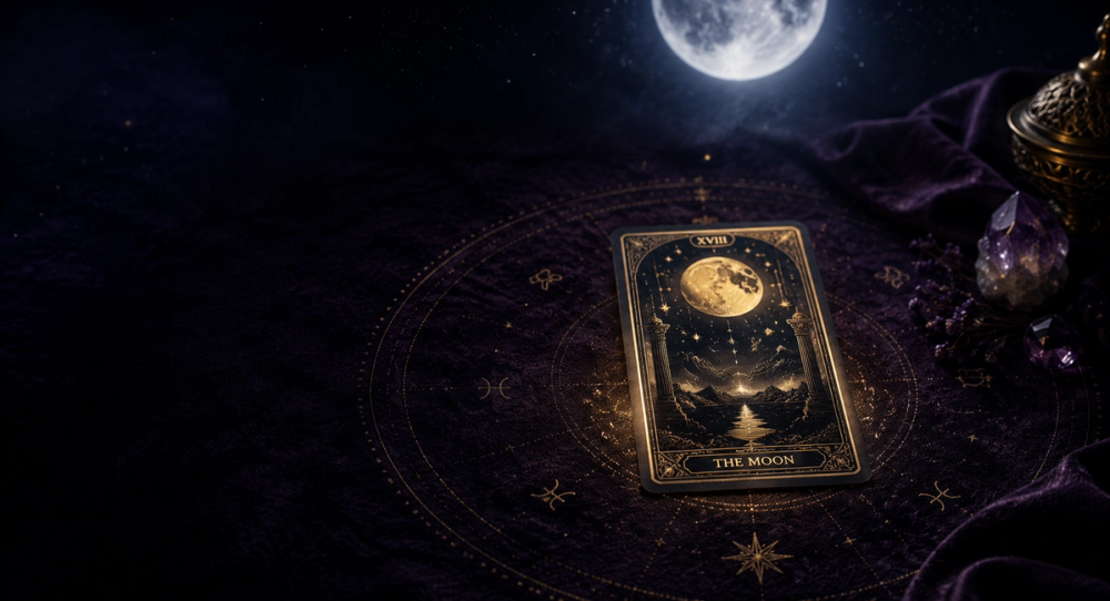 One Card Tarot official hero with The Moon card under moonlight