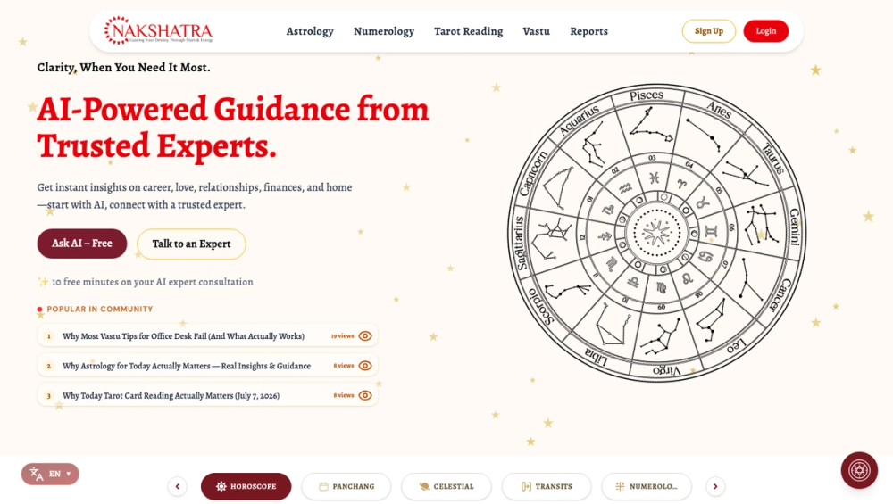 Nakshatra Guru official website hero with AI-powered guidance, expert consultation, and a Vedic astrology chart