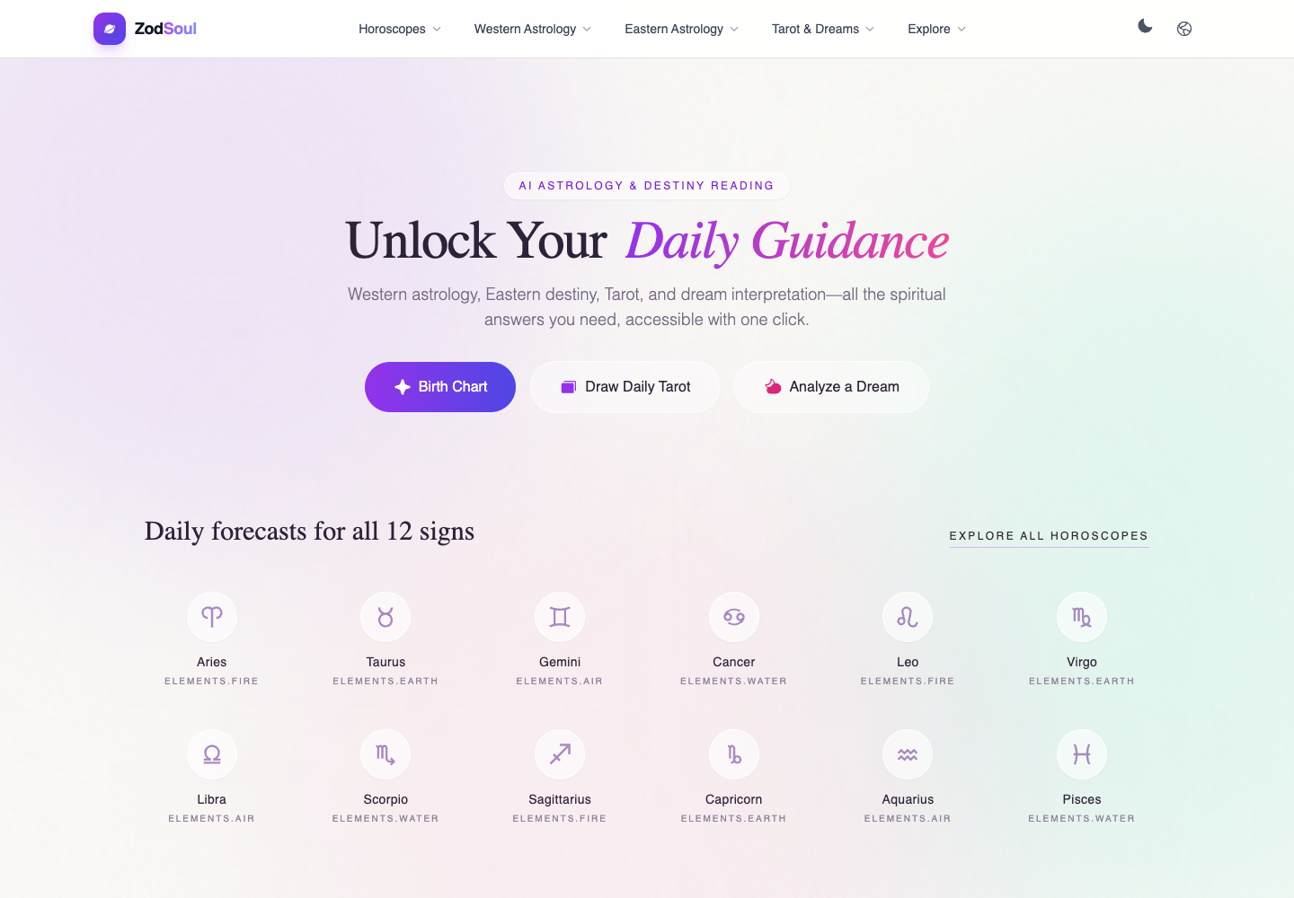 ZodSoul homepage showing birth chart, daily tarot, dream analysis, and zodiac forecast entries