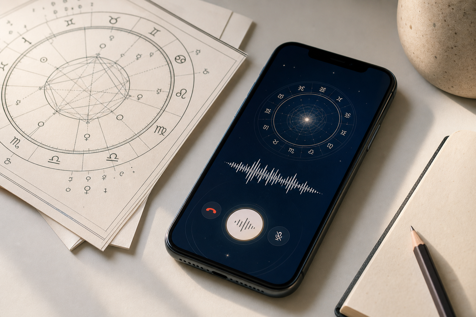 手机上的抽象语音通话界面，旁边有纸质星盘和笔记本