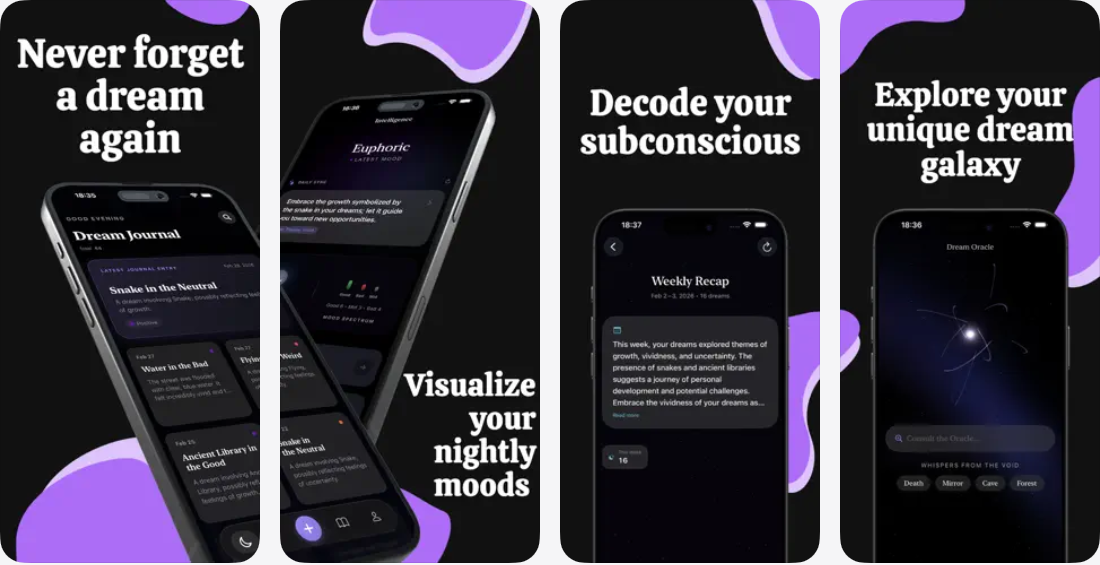 Reverie App Store promotional screenshots showing dream calendar, mood records, and weekly recap screens