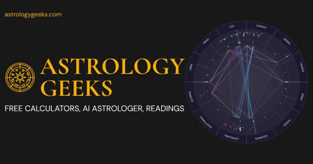 Astrology Geeks official artwork with the site logo, the line Free calculators, AI Astrologer, readings, and a natal chart wheel