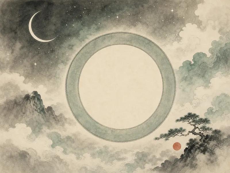 Jade Almanac BaZi Calculator official ink landscape with a jade ring, crescent moon, pine, and mountains